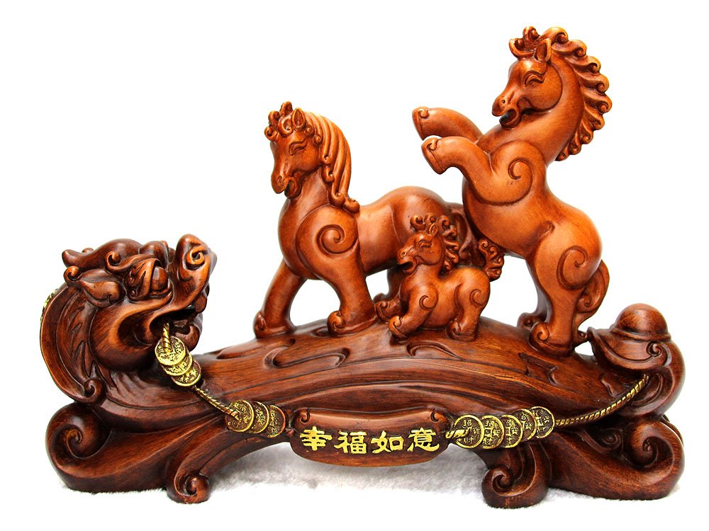 Amazon.co.jp: 午年置物|干支縁起物|幸福如意馬置物|風水アイテム|木色