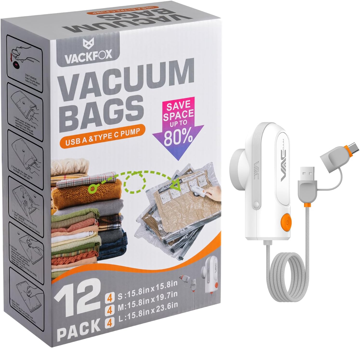 12 Pack Vacuum Bags for Travel with USB & TYPE C Pump,Compression Packing Cubes for Luggage,Carry-on Space Saver Vacuum Seal Bags&Vacuum Storage Bags for Vacation(Grey)