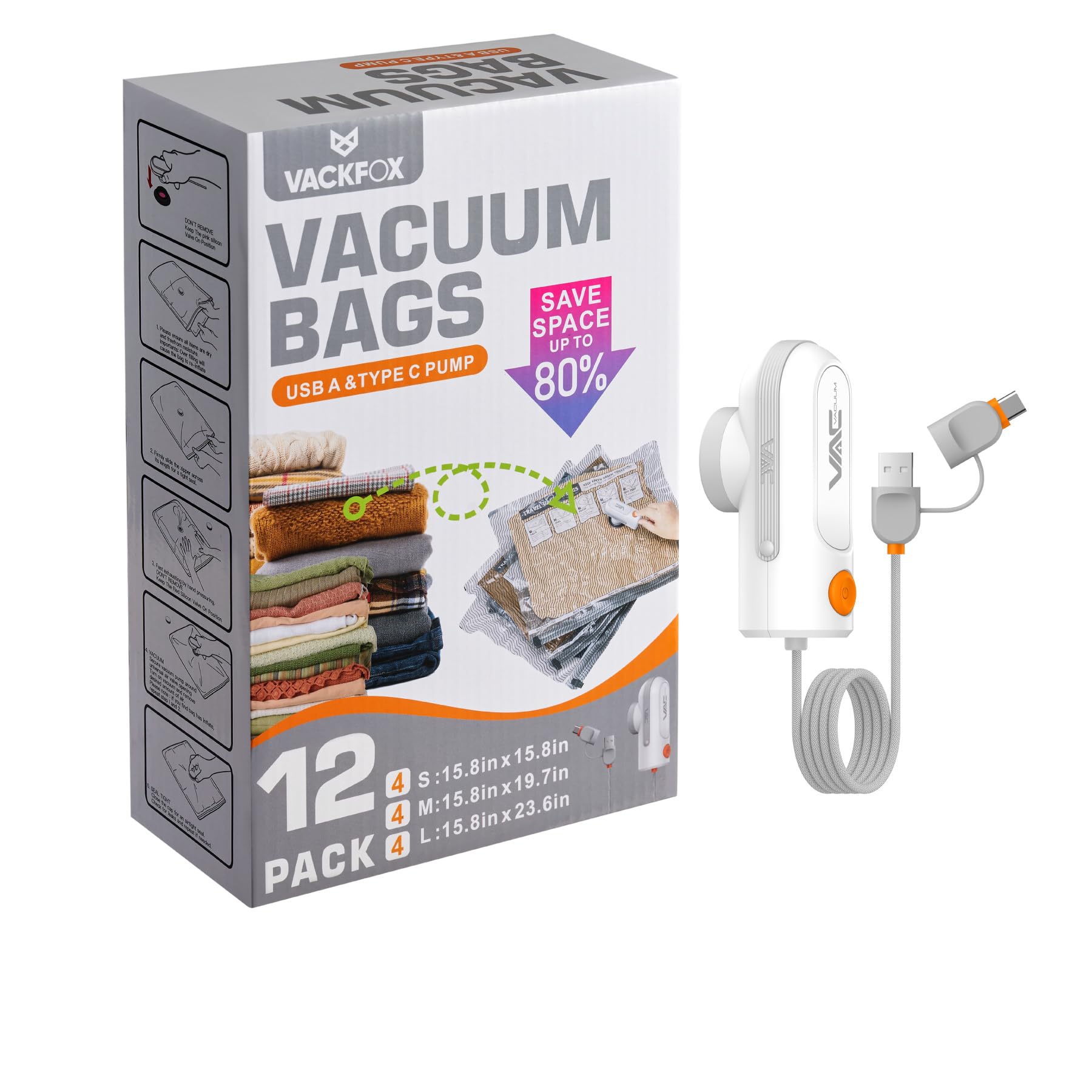 VACKFOX Vacuum Bags for Travel with USB and TYPE C Pump,vacuum seal travel bags,12 Pack Carry-on Size Compression Packing Bags for Luggage,Space Saver