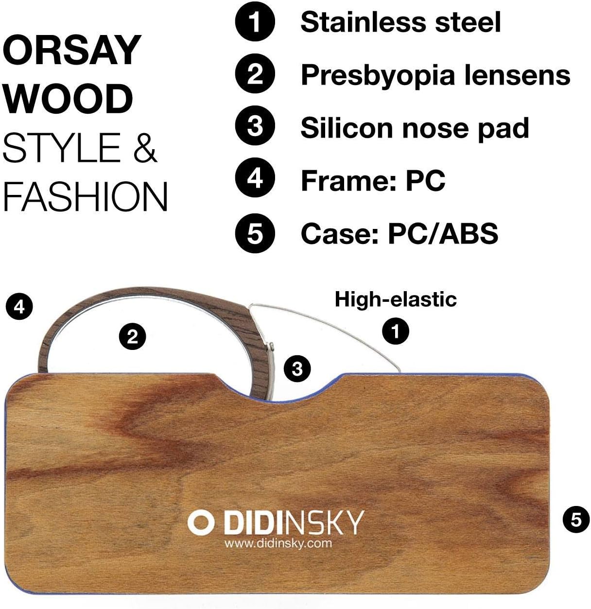 Super Big Clearance! Reading Glasses for Men and Women. Prescription Glasses with Pocket Hard Case. Stylish Frameless Glasses for Optimal Comfort. Fashion Magnifying Glass for Reading. Dark Wood +1.0 – Orsay Wood