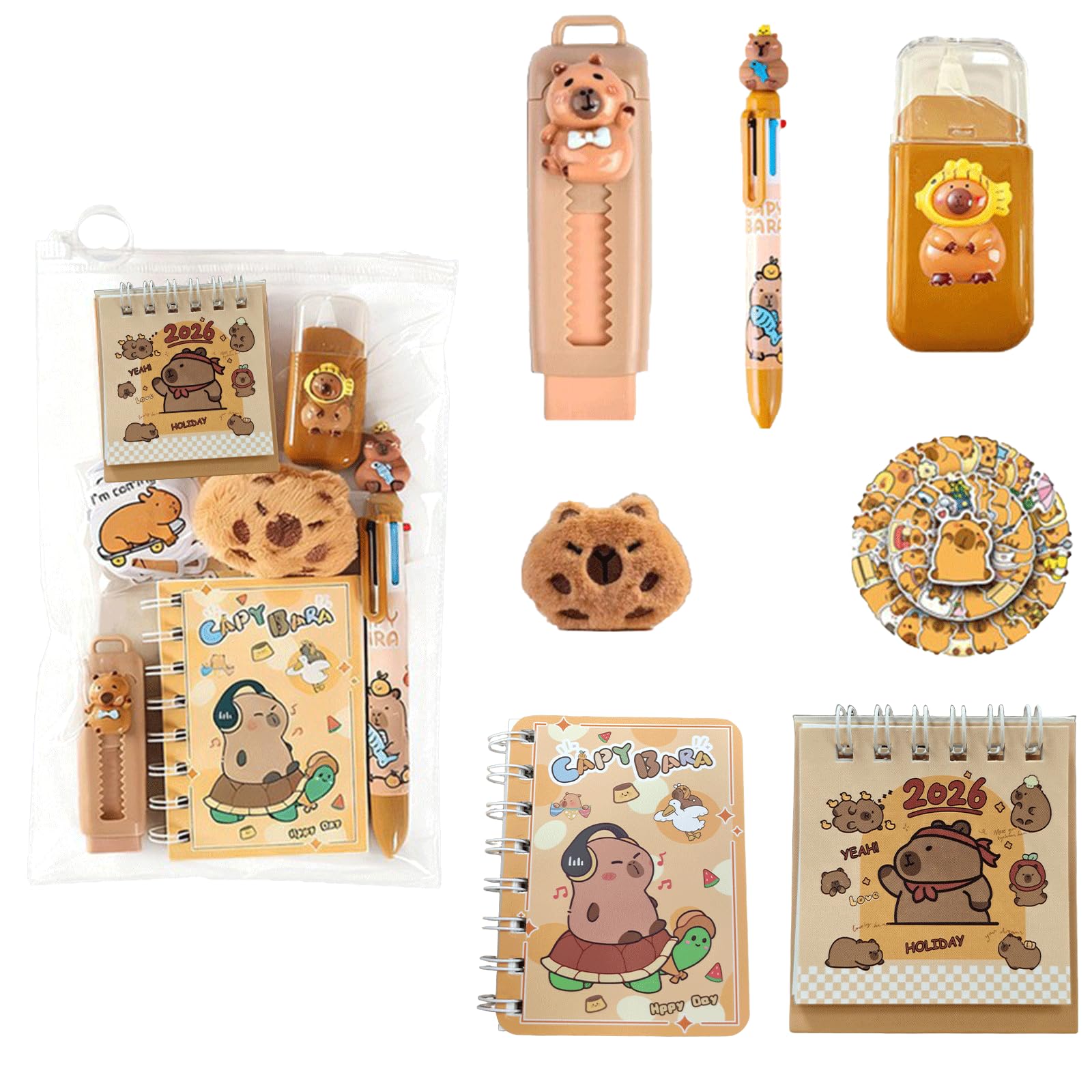 LEMONSTONE Capybara Schreibwaren Set mit Gelstifte Aufklebern Spirale Notizblock Radiergummi Korrekturband Pins Mini Kalender, Capybara Party Mitgebsel für Capybarahaber, Schüler, Lehrer, Schulbedarf