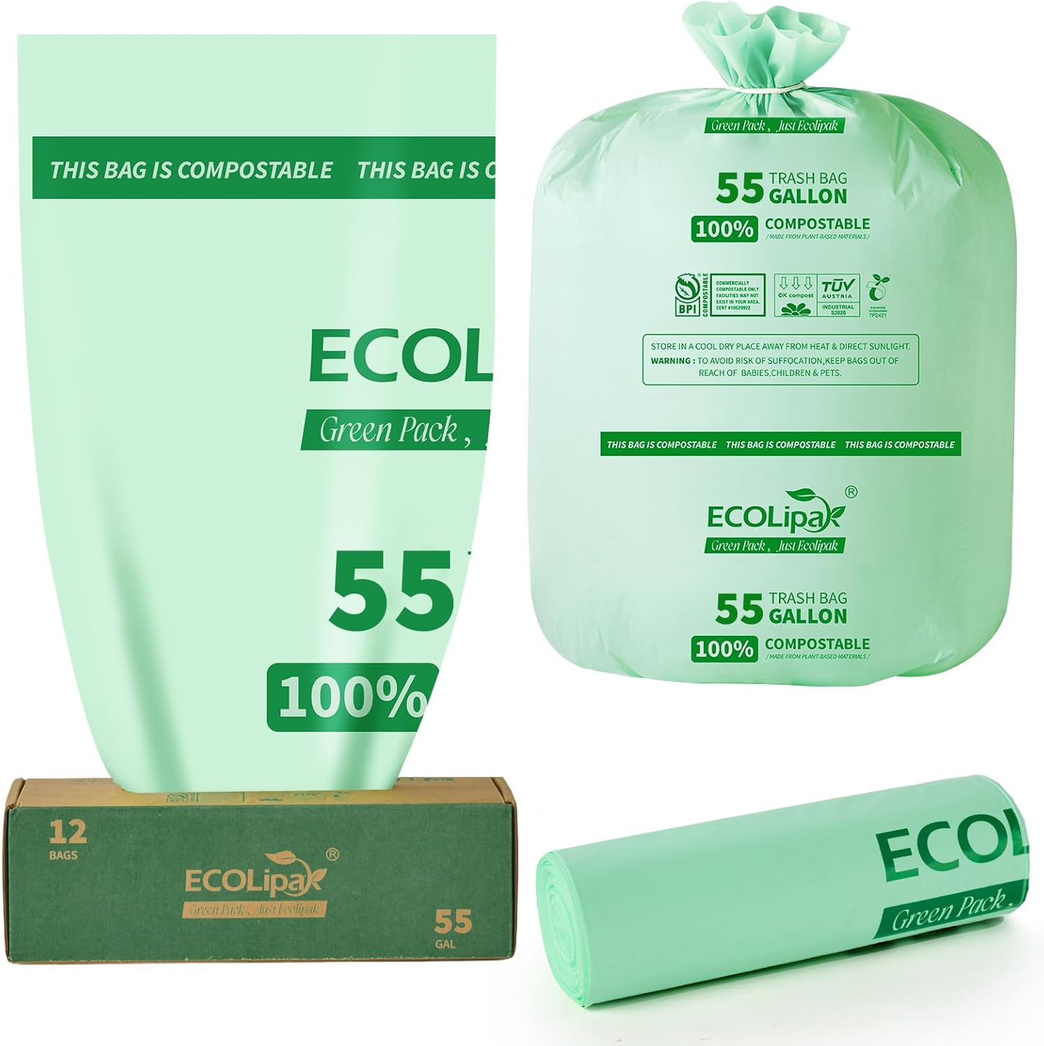ECOLipak 55 Gallon Compostable Trash Bags, 12 Count Heavy Duty Extra Thick 1.57 Mil, 208.2 Liter Large Garbage Bags for Commercial/Lawn/Yard/Restaurant, US BPI ASTM D6400 and OK Compost Home Certified