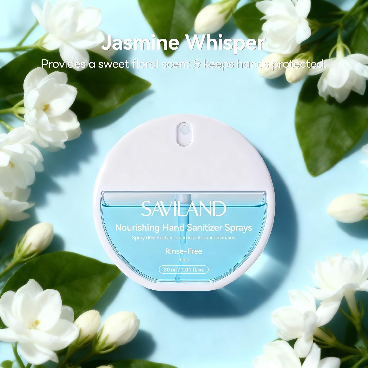 SAVILAND Deep-Hydrating Hand Sanitizer Spray: Serum-Infused Pocket Sprayer with Aloe & Castor Oil | DYE -FREE Set (Natural Rose, Lavender, Jasmine) & Travel Size Power Mist Rinse-Free 1 FL. OZ. Each - Image 7