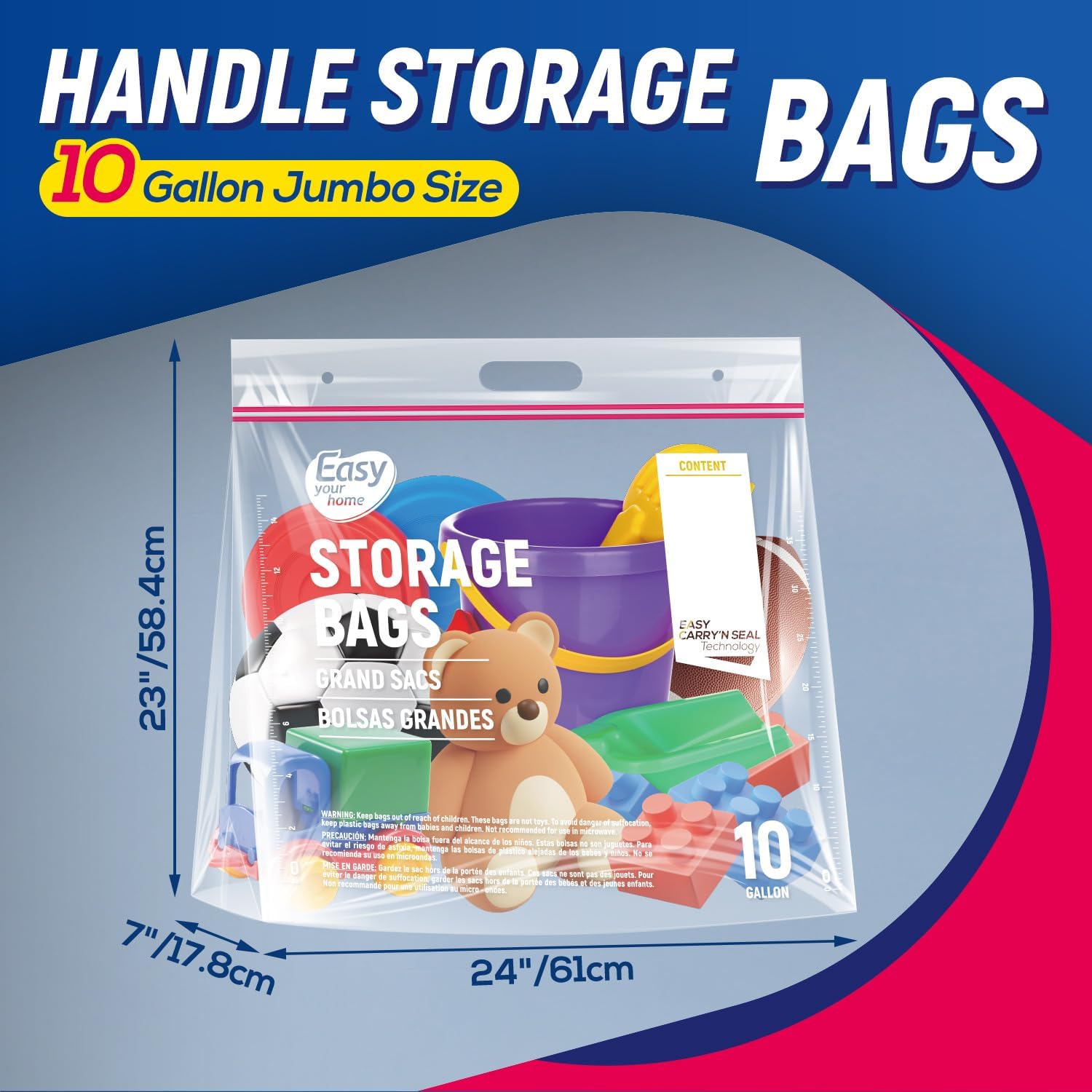 10 Gallon Jumbo Zipper Lock Plastic Bags with Handle and bottom,24"x23"+7",XL Size Reusable Storage Bag with Double Zip for Clothing,Travel,Moving,Beach,BPA-Free,3.15-Mil Thick