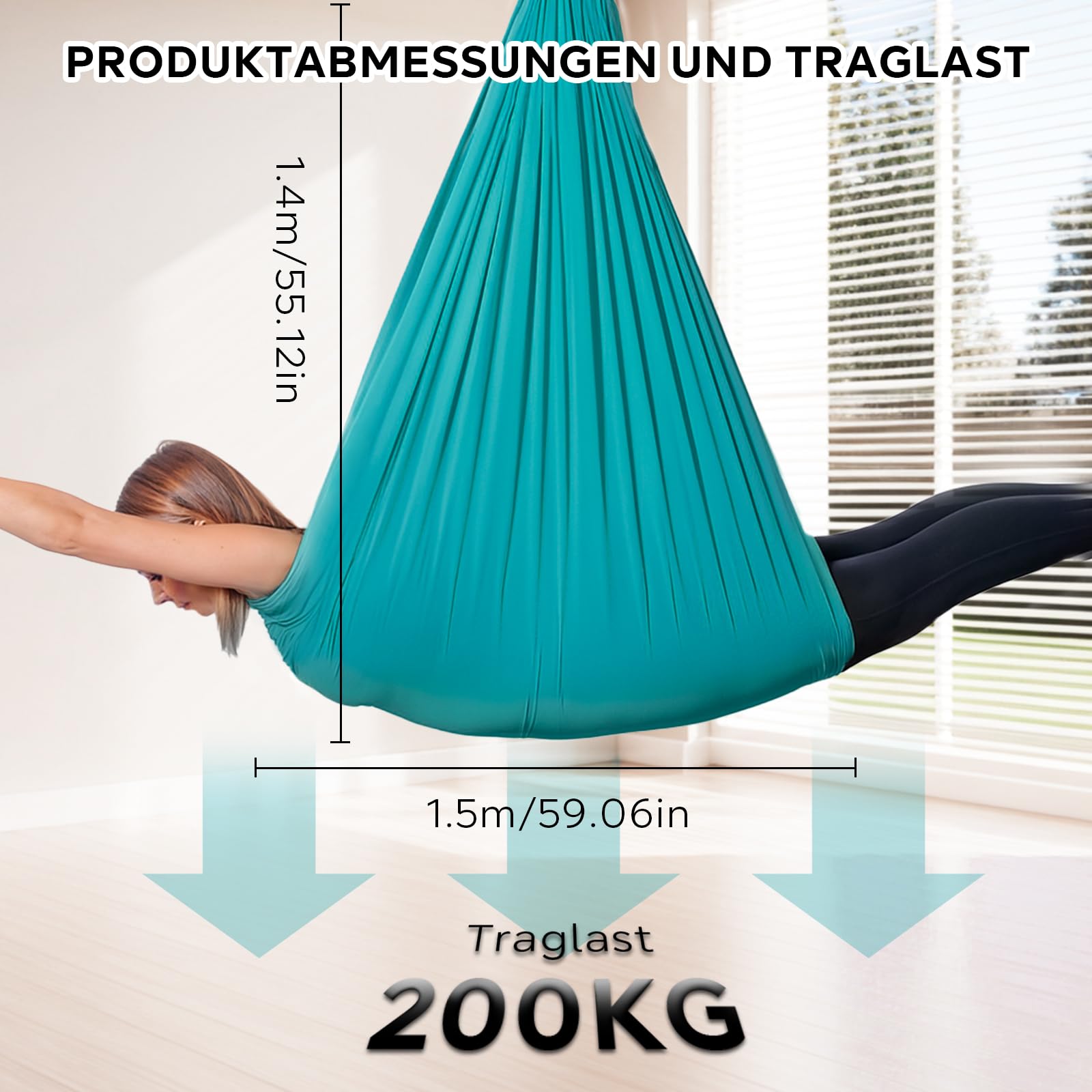 Aerial Yoga Hängmatte Set, Yoga-Hängstuhl-Schaukel (Grün), 1,5 × 1,4 m, Tragfähigkeit 200 kg, inkl. Karabiner, Befestigung, Nägel & Zubehör, ideal für Übungen
