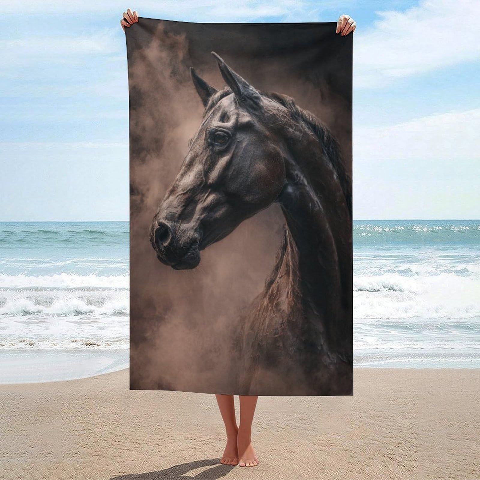 Serviette de plage cheval noir microfibre séchage rapide 130x80 cm