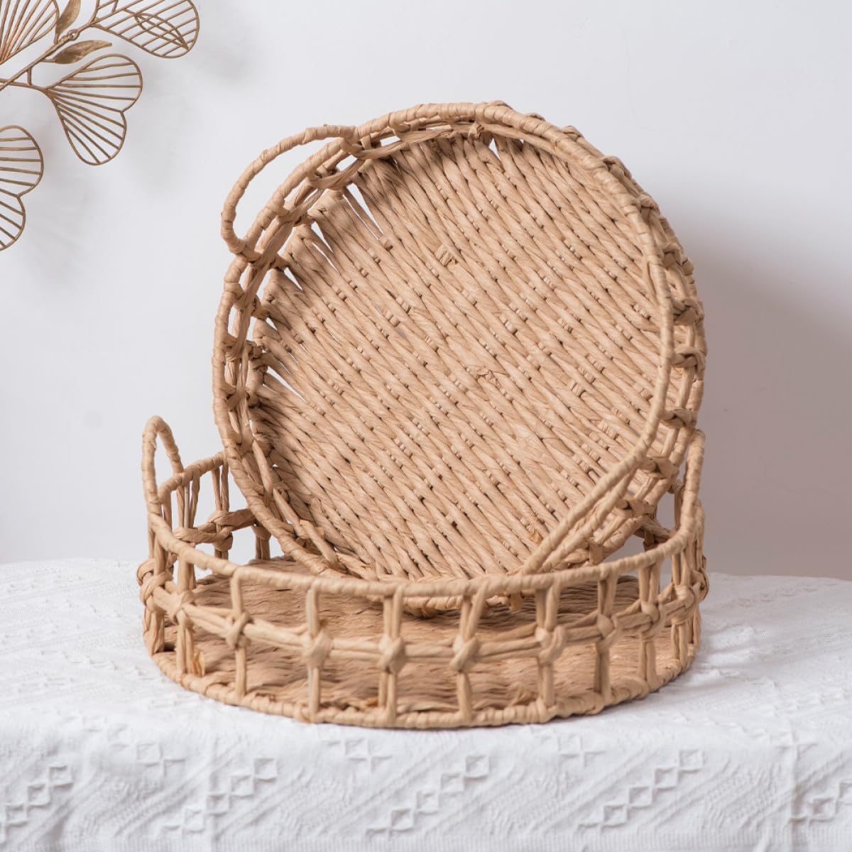 Woven round Storage Basket Set, Handwoven Bread and Fruit Basket, Tabletop Snack and Dried Fruit Organizer for Home Kitchen Dining