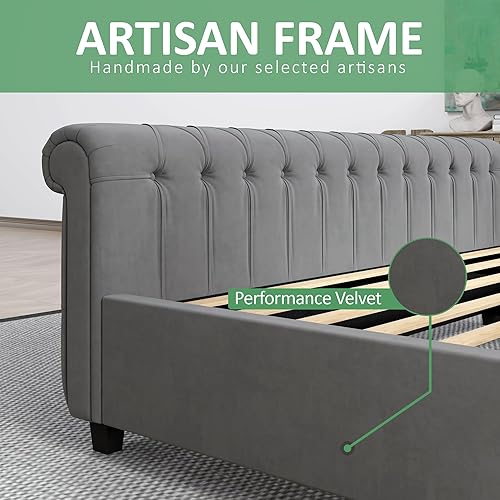 Miniatura 7 de AMERLIFE Marco de cama de plataforma tamaño Queen, cama trineo tapizada en terciopelo con cabecero y pie de cama con respaldo alado Gris,Negro