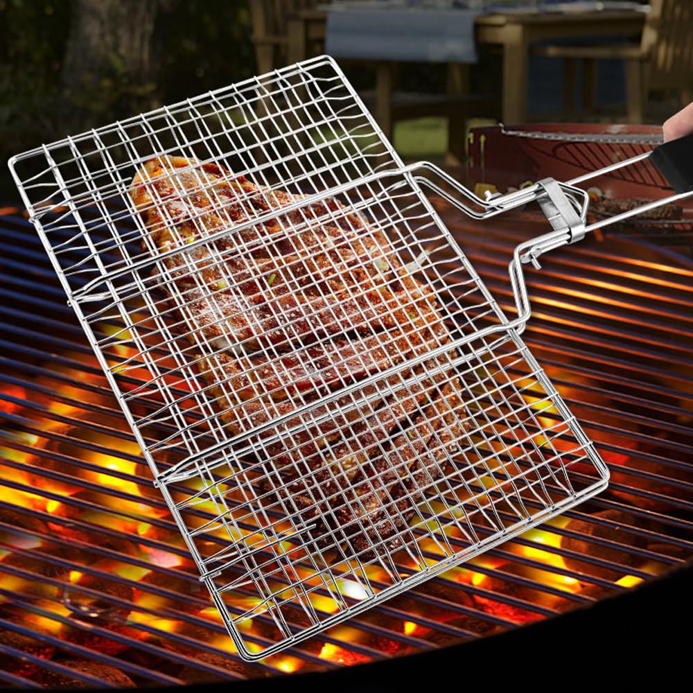Panier de barbecue - En acier inoxydable - Portable - Pliable - Avec poignée amovible - Pour barbecue en plein air - Poisson - Légumes