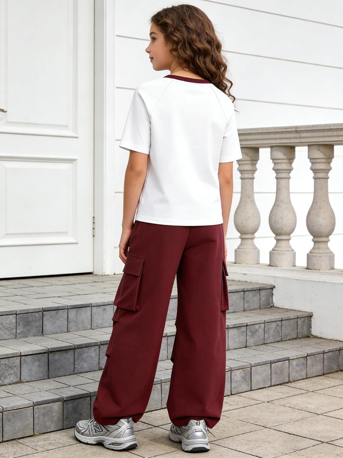 Girl's 2 Piece Outfits Short Sleeve Graphic Tee Wide Leg Cargo Pants Set, 6-14 Years