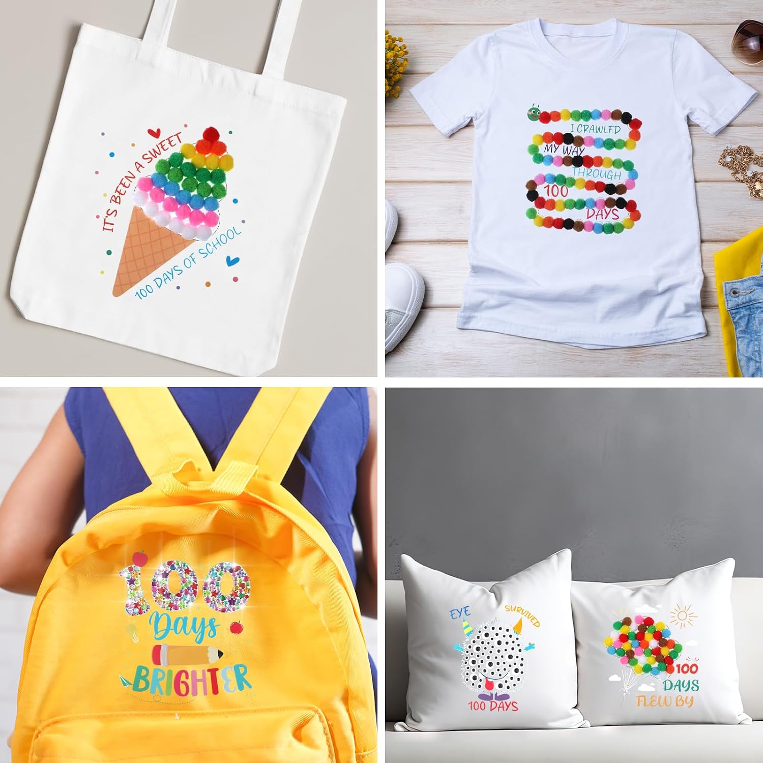Marspark 12 Sets 100th Day of School Iron on Transfer Decals, Heat Transfer Patches DIY Craft Kit, Pompoms Buttons Wiggle Eyes Gem Popcorn Gum Machine Stickers for Party School Clothing T-Shirt Bag