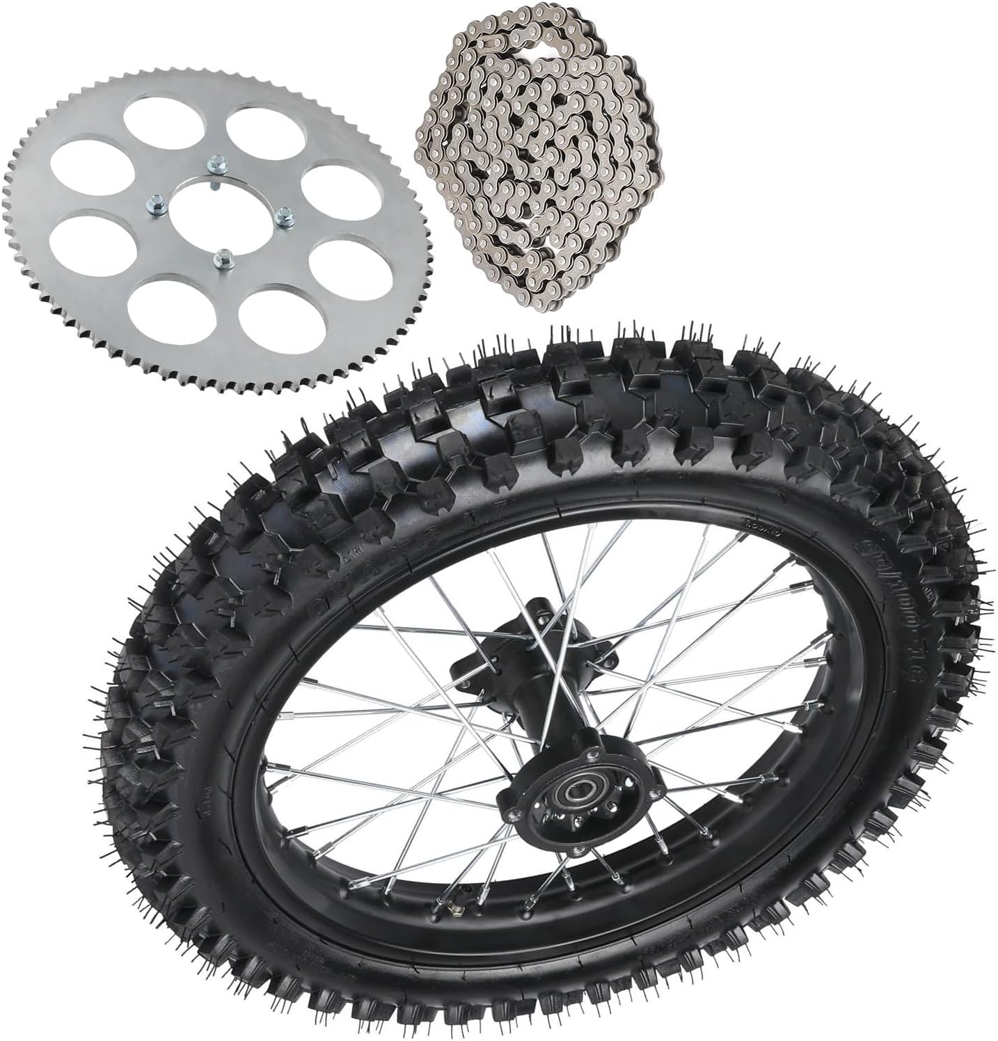 90/100-16 Rear Dirt Bike Tire Rim Wheel 15mm Bearing Assembly with 428 76T Sprocket & 140-Link Chain – For Dirt Pit Bike, 50cc–150cc Off-Road Motorcycle Motocross Replacement