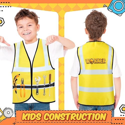 Miniatura 9 de Xtinmee Chaleco de construcción para niños, 2 piezas, disfraz de trabajador de la construcción, chaleco de seguridad de alta visibilidad, disfraz