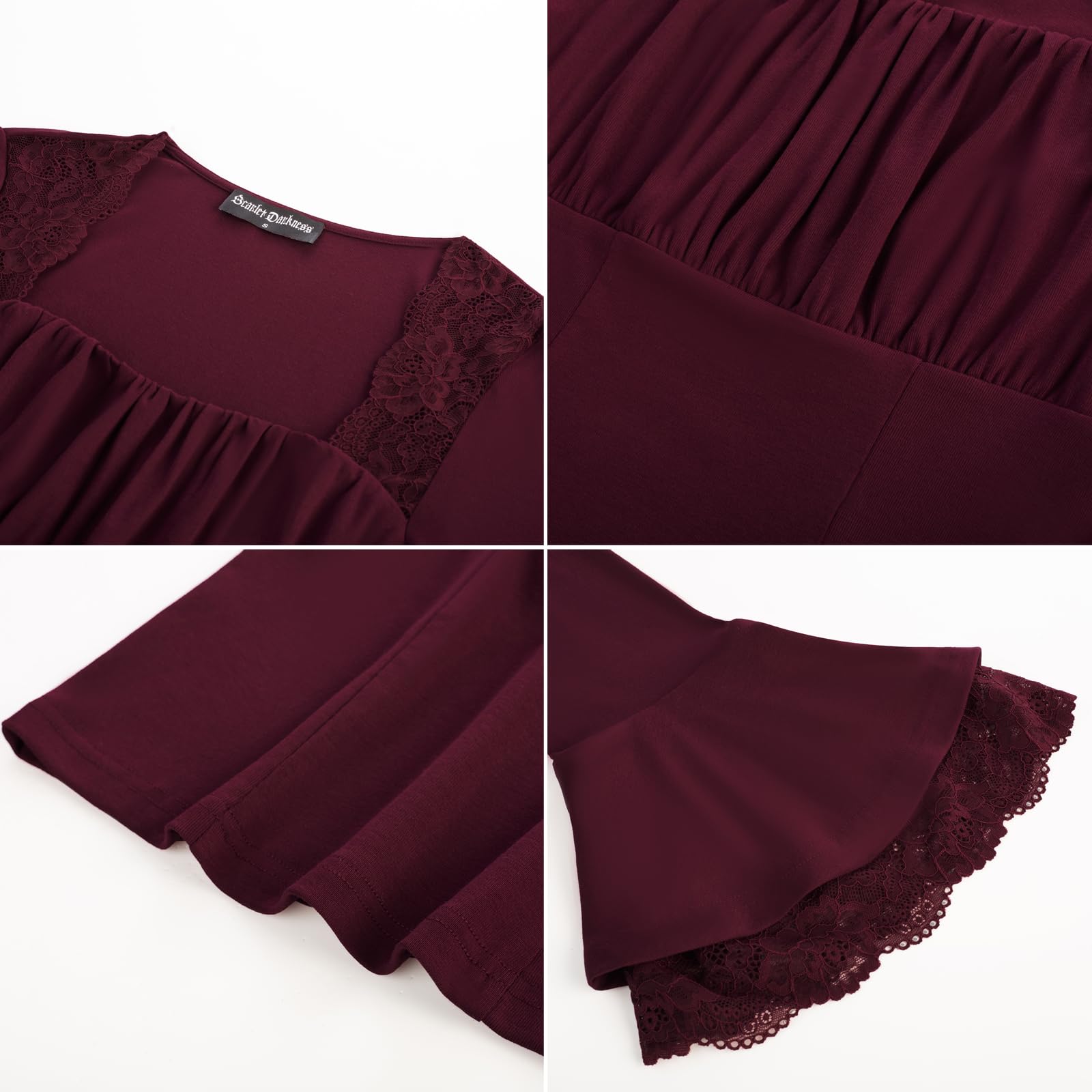 SCARLET DARKNESS Damen Viktorianisch Bluse Quadratischer Kragen Langarm Slim Fit Renaissance Oberteile mit Spitzen