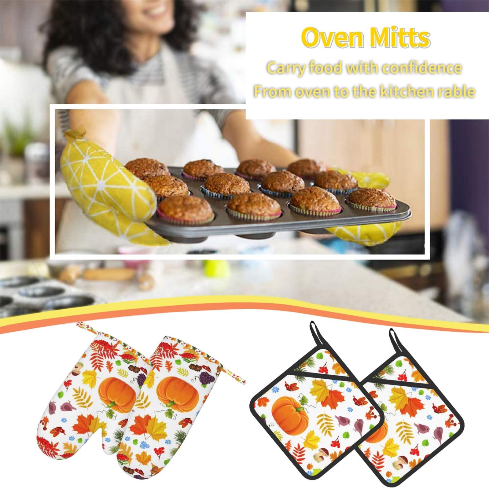 Set di quattro guanti resistenti al calore e presine, guanti da forno antiscivolo, guanti da cucina, zucche autunnali, foglie d'acero per il Ringraziamento.