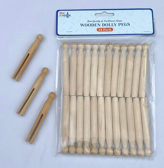 BMC LONDON 24pcs Traditional Wooden Dolly Pegs Washing Lines Laundry & Craft Making DIY Wood Colour
