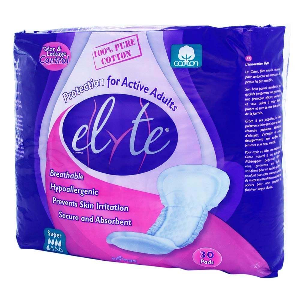 Elyte Pure Cotton Incontinence Pads - Super (8" x 17") Bag of 30