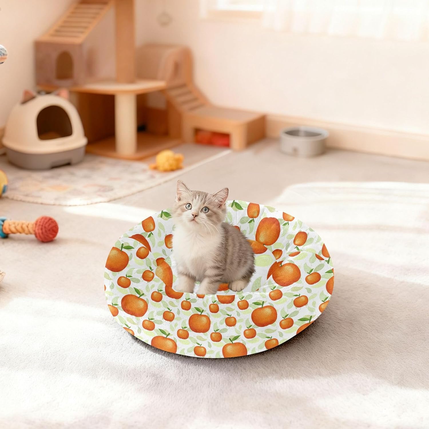 Pet Dog Bed Warm & Cozy Fluffy Cat Pillow Bed for Extra Small Size Pets Sleeping M Orange Pattern