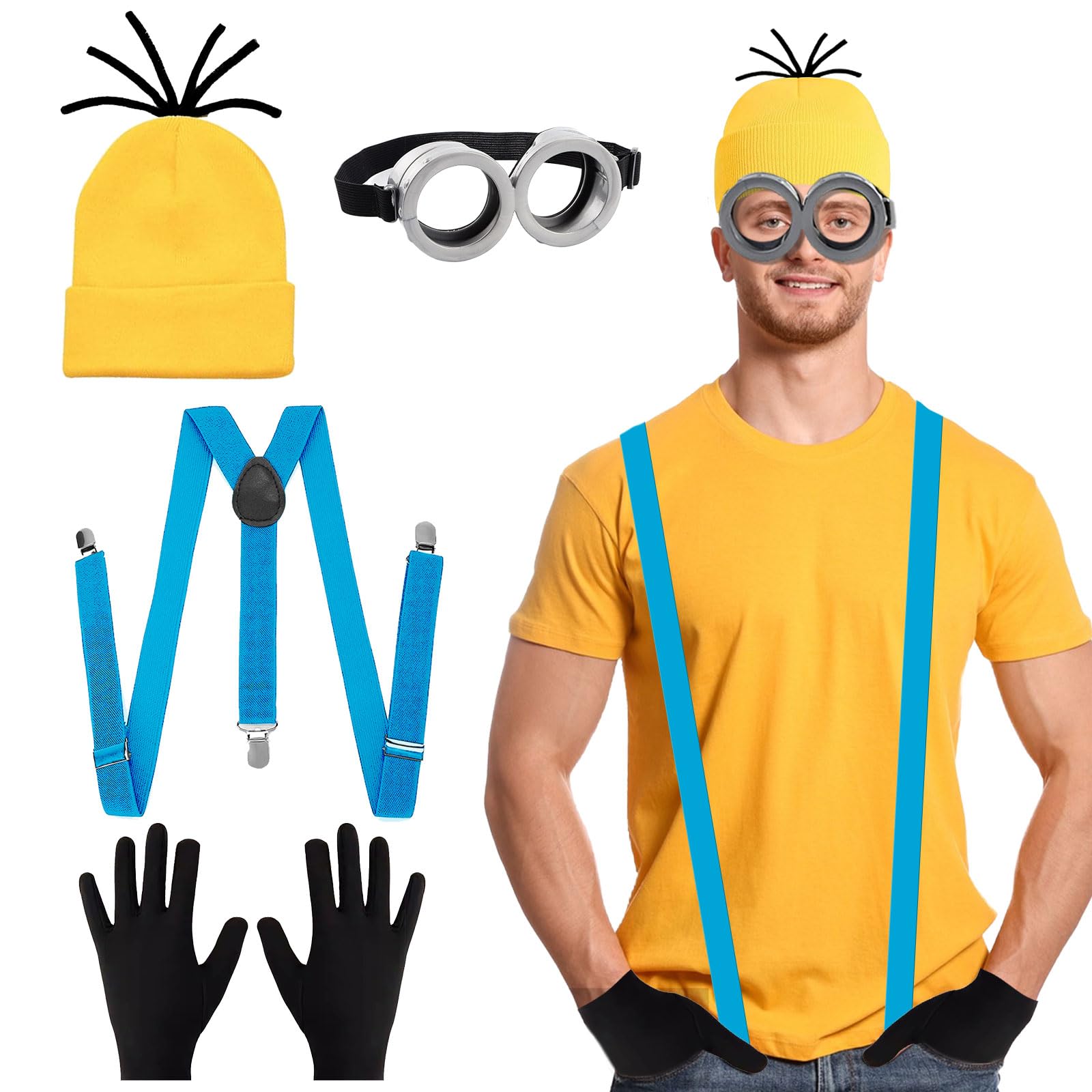 4 Pcs Adults Cosplay Costume Accessories with Yellow Beanie Knit Hat Black Gloves Grey Steampunk Goggles Glasses Blue Shoulder Strap for Halloween Cosplay Party World Book Day Dress up Outfits