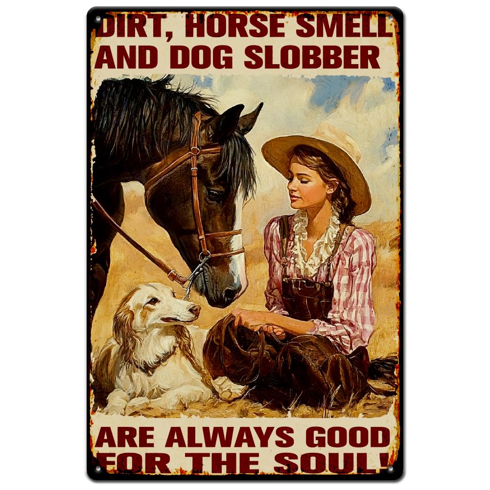 peiyeety Cowgirl Tin Sign Vintage Metal Tin Signs Cowgirl with Horse and Dog Metal Tin Sign Wall Poster Sign Retro Wall Art Vintage Metal Plaque for Bar Man Cave Wall Decor 8x12 Inch