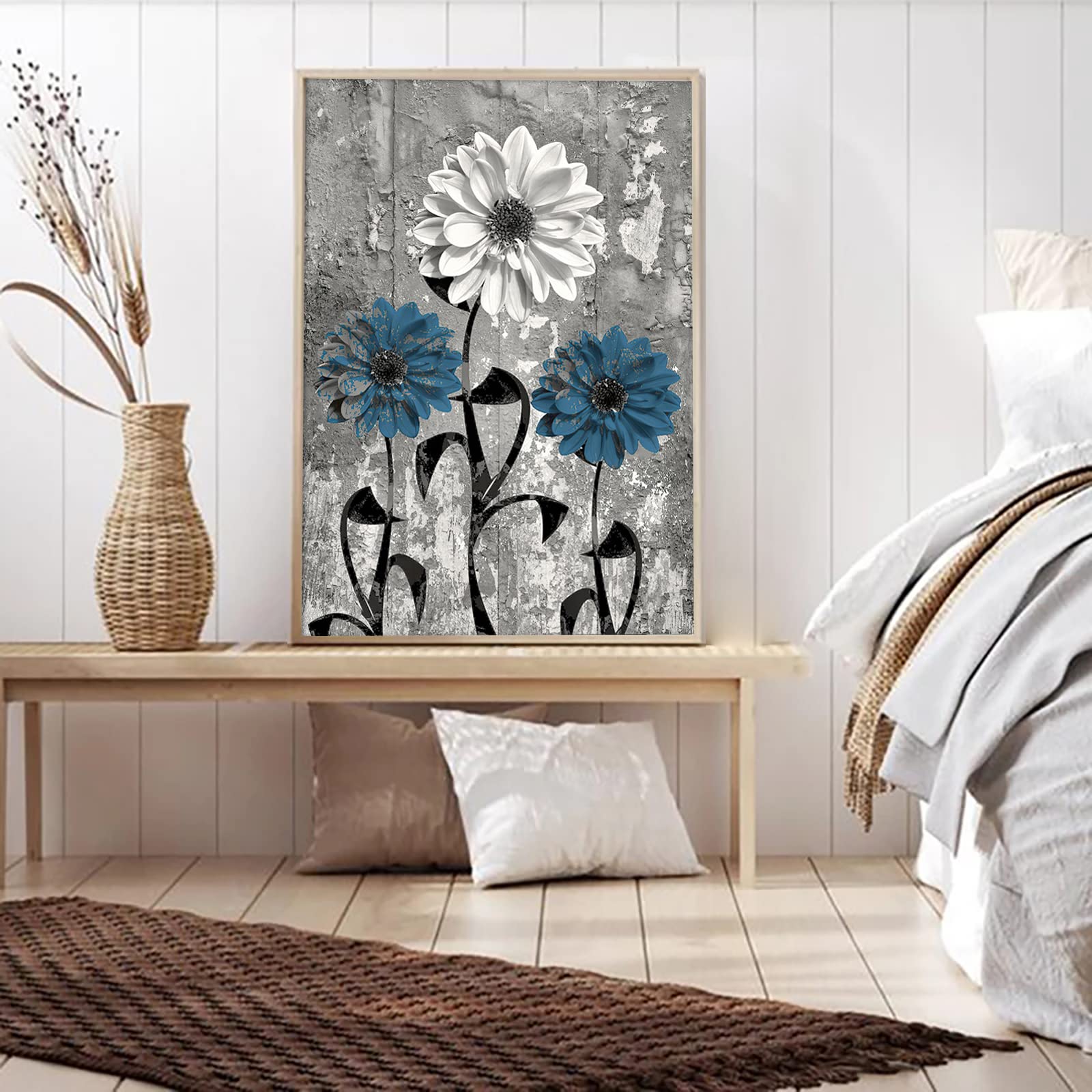 5-teiliges Leinwandbild-Set Mit Pusteblumen – Rustikales Blumenmotiv In Blau, Mit Grauen Rahmen, Fertig Zum Aufhängen