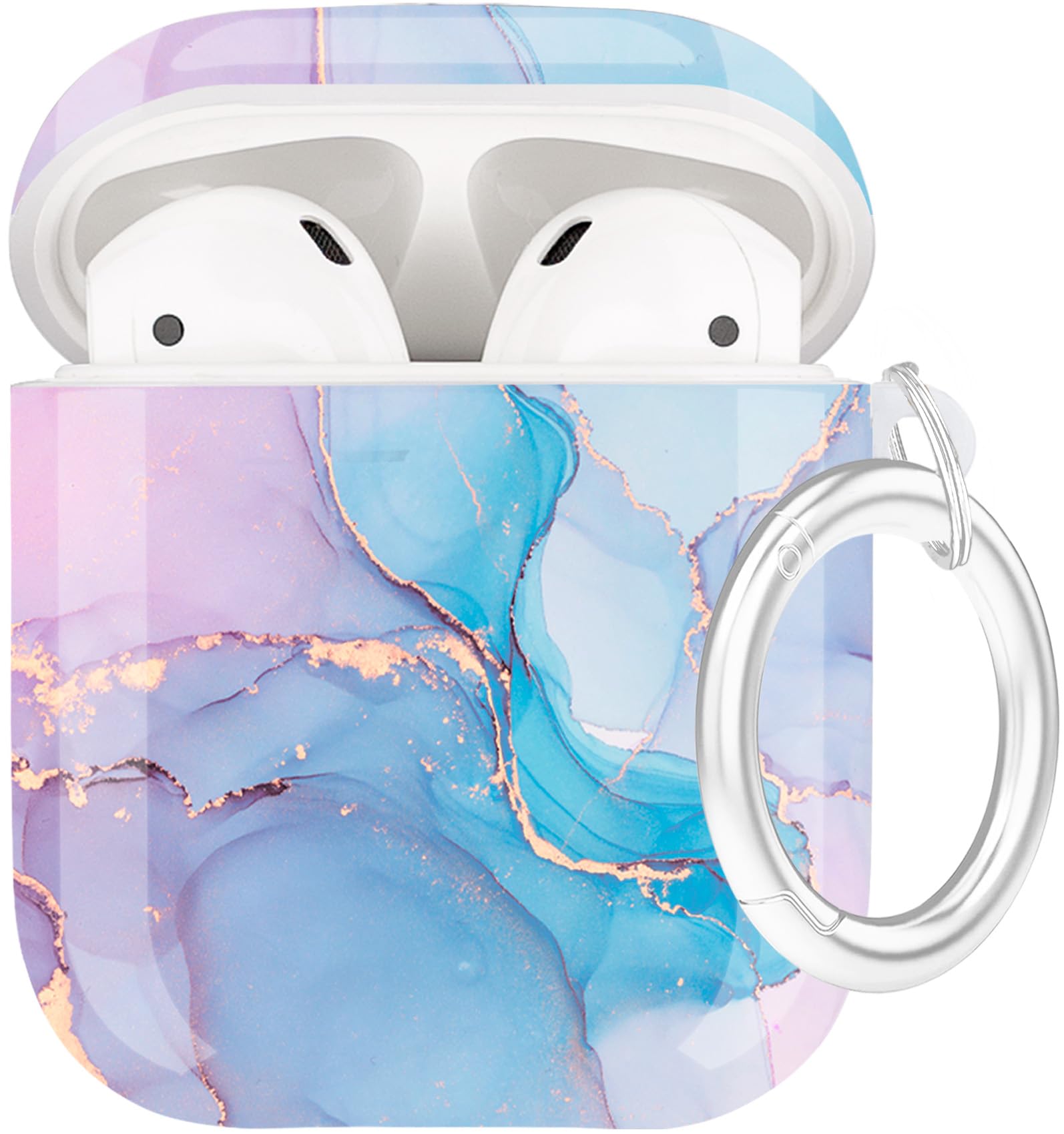 Protective Hard Case Cover with Cleaner Kit Portable Shockproof Women Girls with Keychain for Apple Airpods 2/1 Charging Case - Watercolor Marble