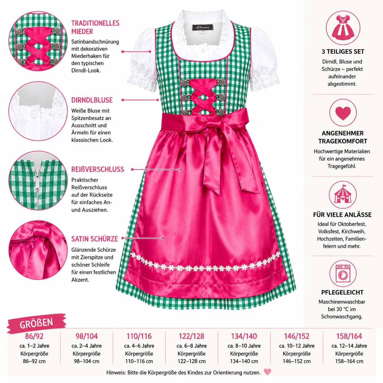 Ramona Lippert Kinderdirndl Mia Grün 3-teilig mit Satin-Schürze und Bluse