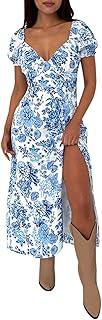 Womens Sweetheart V Neck Floral Midi Dress Short Puff Sleeve Side Split Smocked Back Casual Solid Dress for Summer - Buy now