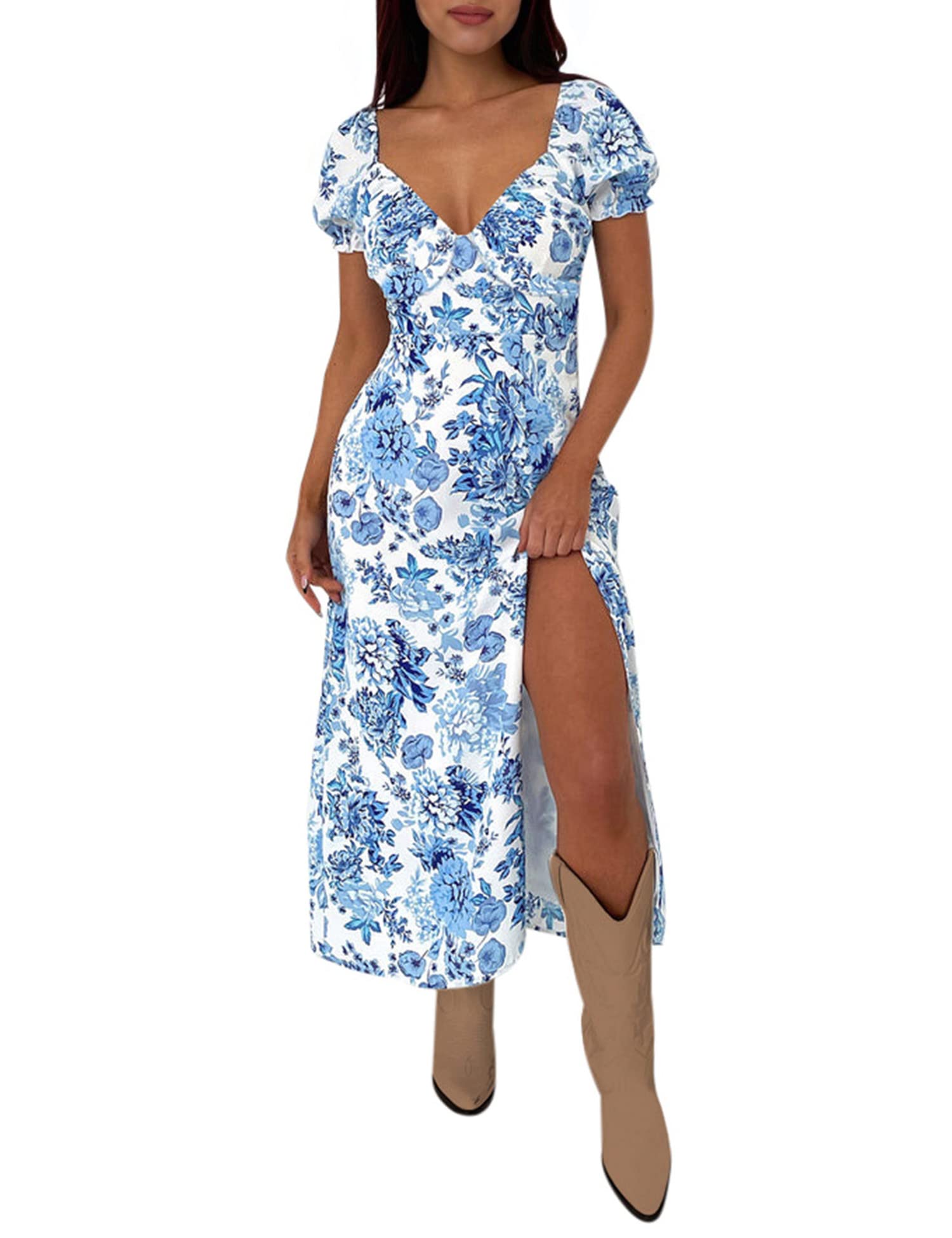 AIMCOO Womens Sweetheart V Neck Floral Midi Dress Short Puff Sleeve Side Split Smocked Back Casual Solid Dress for Summer. Size SMALL