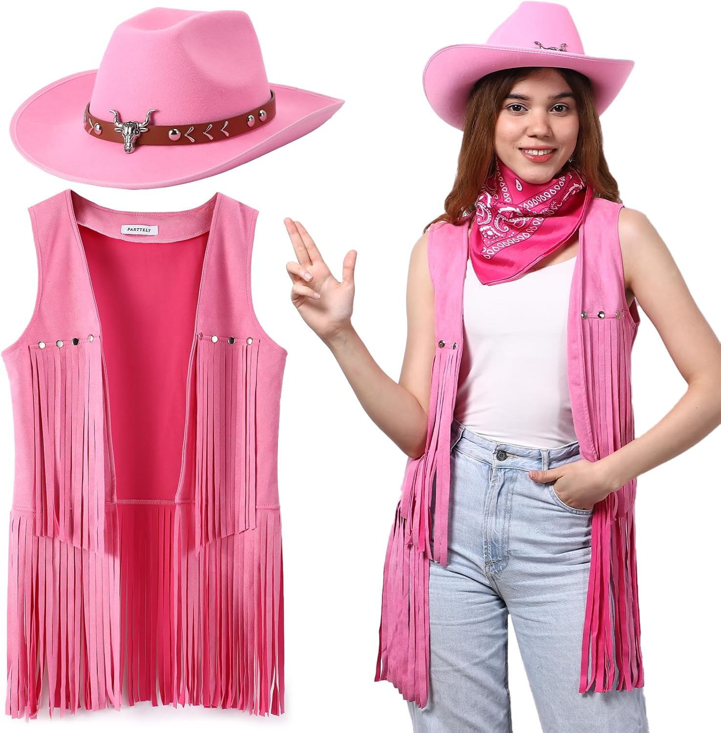 PARTTELY Western Outfits for Women Cowgirl Tassel Sleeveless Vest Cowboy Hat and Paisley Bandana