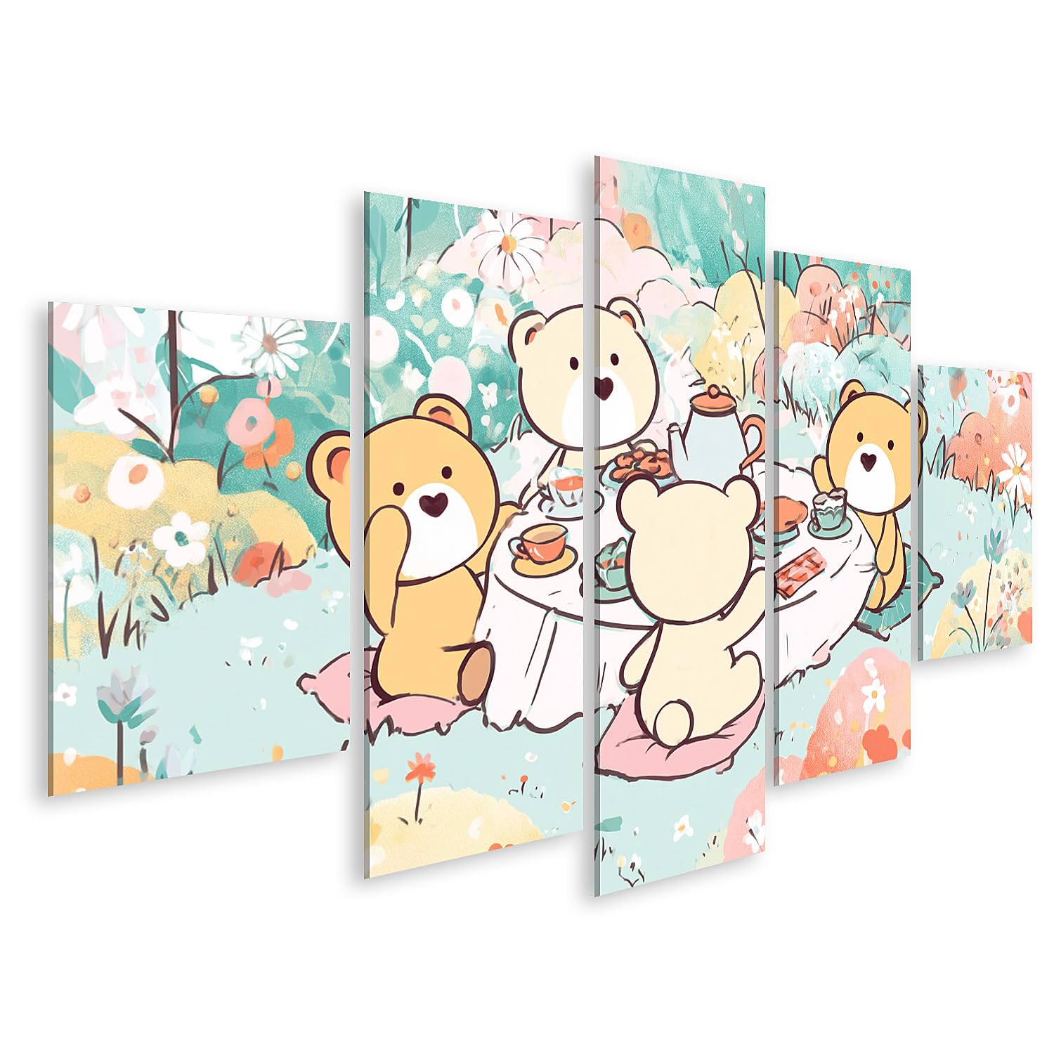islandburner Bild auf Leinwand Verspielte Teddybären-Teeparty Wandbild Kinderzimmer für kleine Entdecker - 5-teilig - Edition Q1