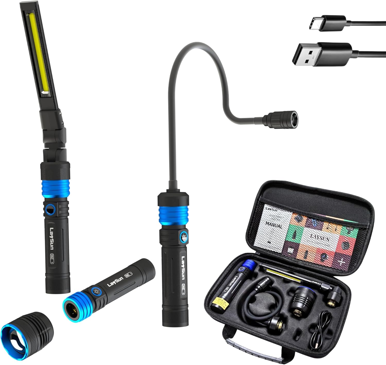 Rechargeable Work Light - Flashlight - Gooseneck Light 3 in 1 Kit - 4000mAh Magnetic with 360° Rotate Foldable Design, Zoom Flashlight,5 Lighting Modes Mechanic Light for Car Repairing/Emergency