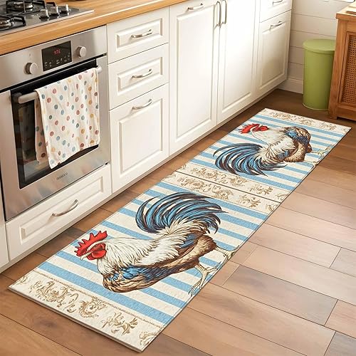 Miniatura 13 de 8ft Round Rug, Retro Rooster Non-Skid Rubber Backing Large Area Rugs - Living Room Bedroom Home Office, Striped Farmhouse Animals Watercolor Indoor