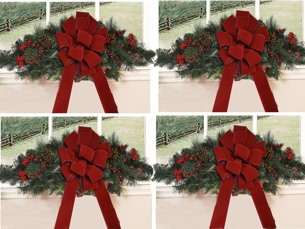 Set of 4 Christmas Window Swags with Red Velvet Bows CR1511