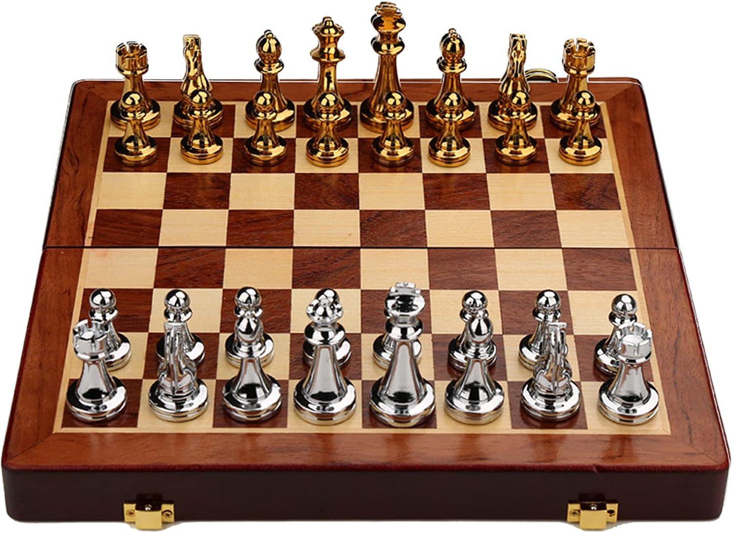 Best Cyber Monday 🔥 Newmind International Chess Set with Folding Wooden Chess Board and Classic Handmade Standard Pieces Metal Chess Set for Kids Adult - Gold Silver