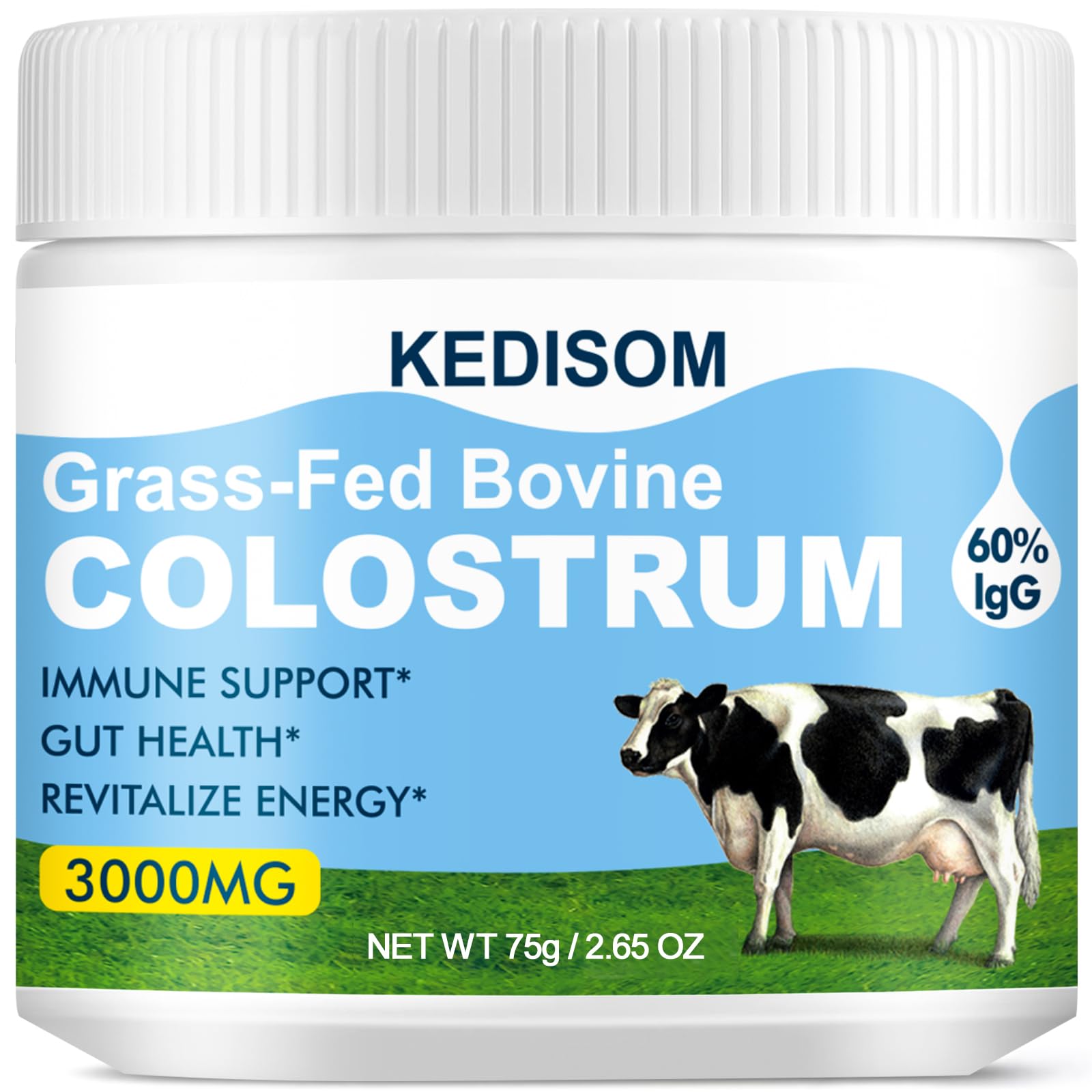 KEDISOM Bovine Colostrum for Humans, 60% High-IgG Colostrum Powder, 3000 mg Grass Fed Colostrum Bovine Powder for Gut Health & Immune Support - Easy to Mix Liposomal Colostrum Supplement, 25 Servings