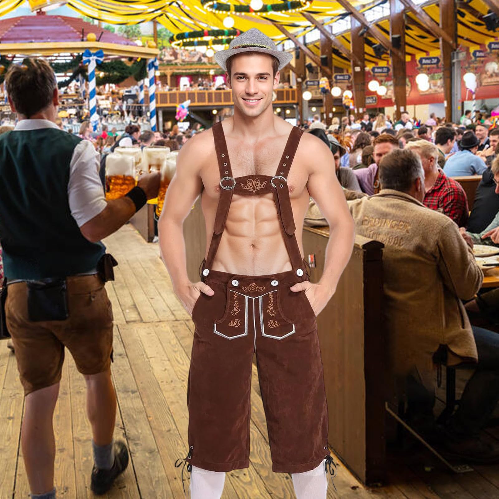 Set di pantaloni in pelle, da uomo, per costume tradizionale bavarese, per Oktoberfest, con spalline e calze, in pelle, da uomo, colore nero/marrone, stile bavarese, per Oktoberfest