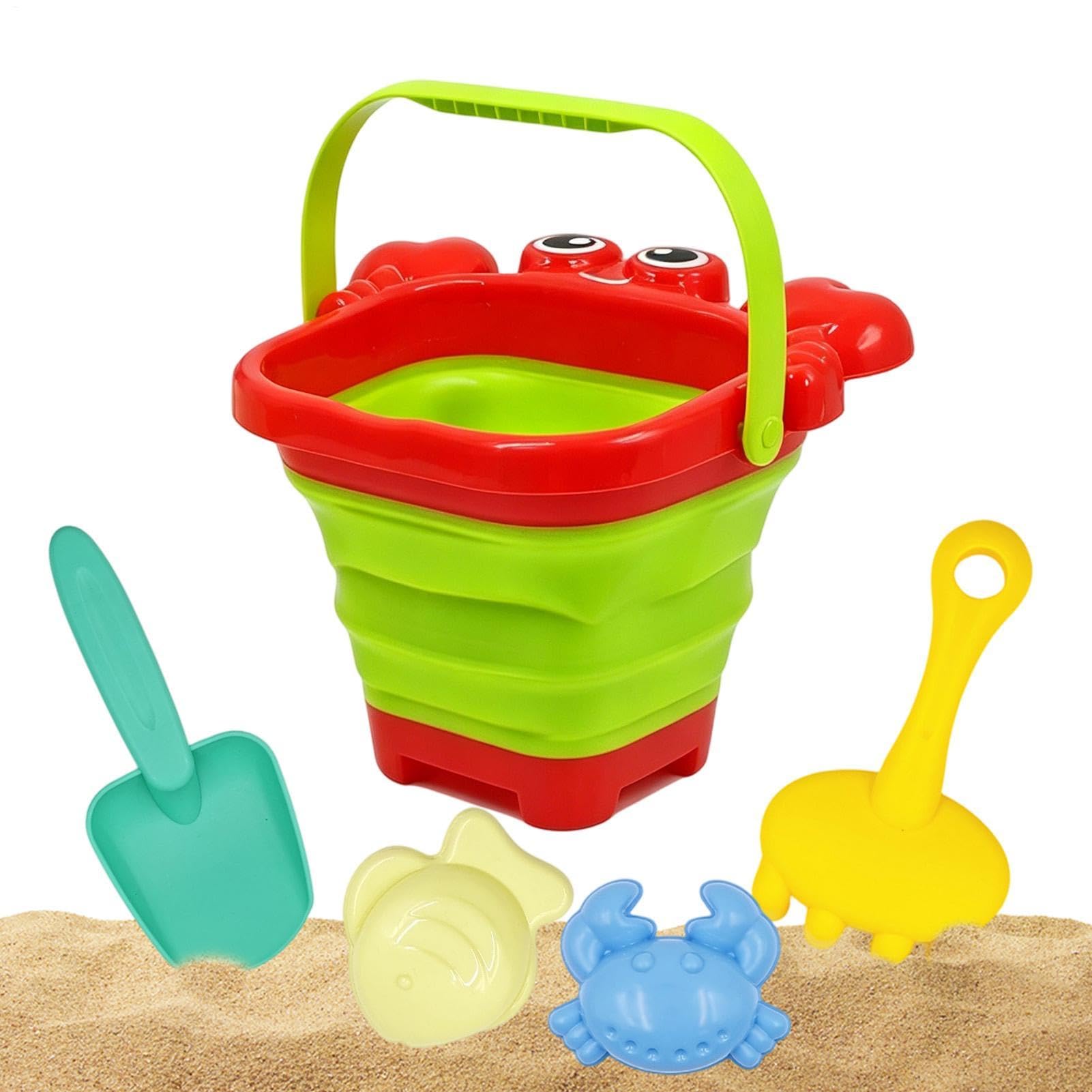 Beach Sand Toys - Foldable Bucket Shovel Tools Kit - 5-Piece Sand Castle Toys with Animal Design - for Outdoor Travel Camping Picnic Park Playground Backyard Birthday Party Daycare Preschool