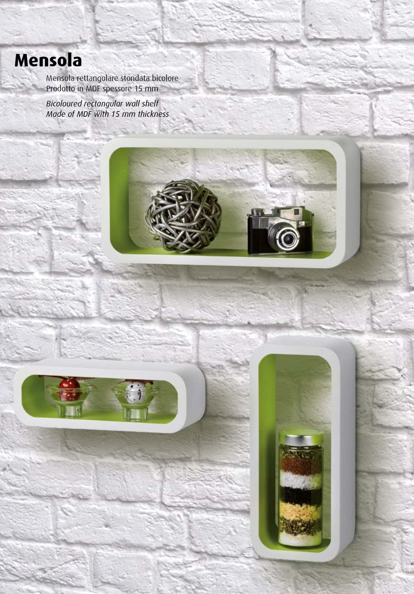 King Home M1105004/B Set 3 Pezzi Mensola Rettangolare Stondata in MDF Bicolore, Bianco/Verde