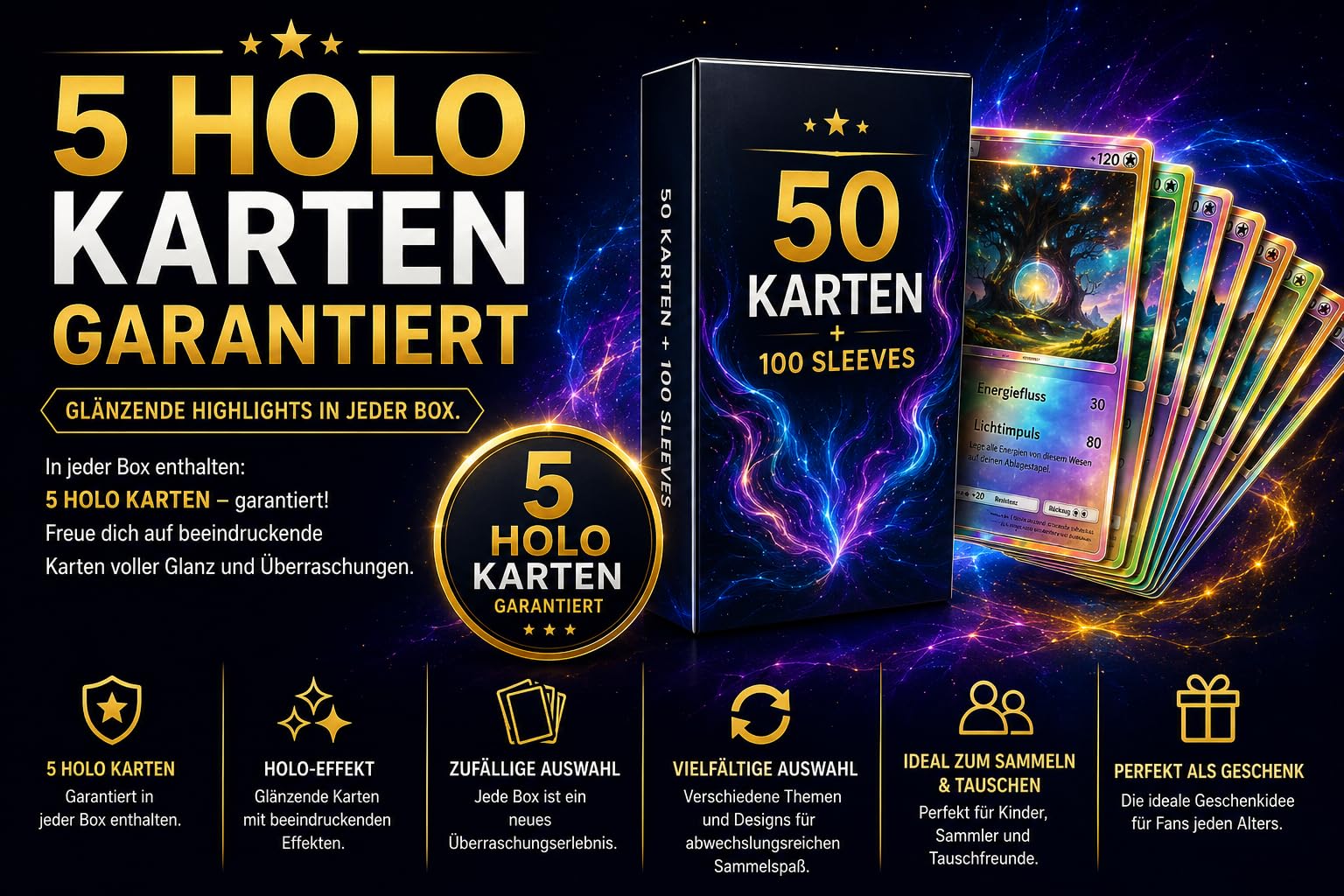 50 Original Pokémon Karten Deutsch – garantiert 5 Holo + 100 Ultra Pro Soft Sleeves – Karten Set für Sammler & Kinder