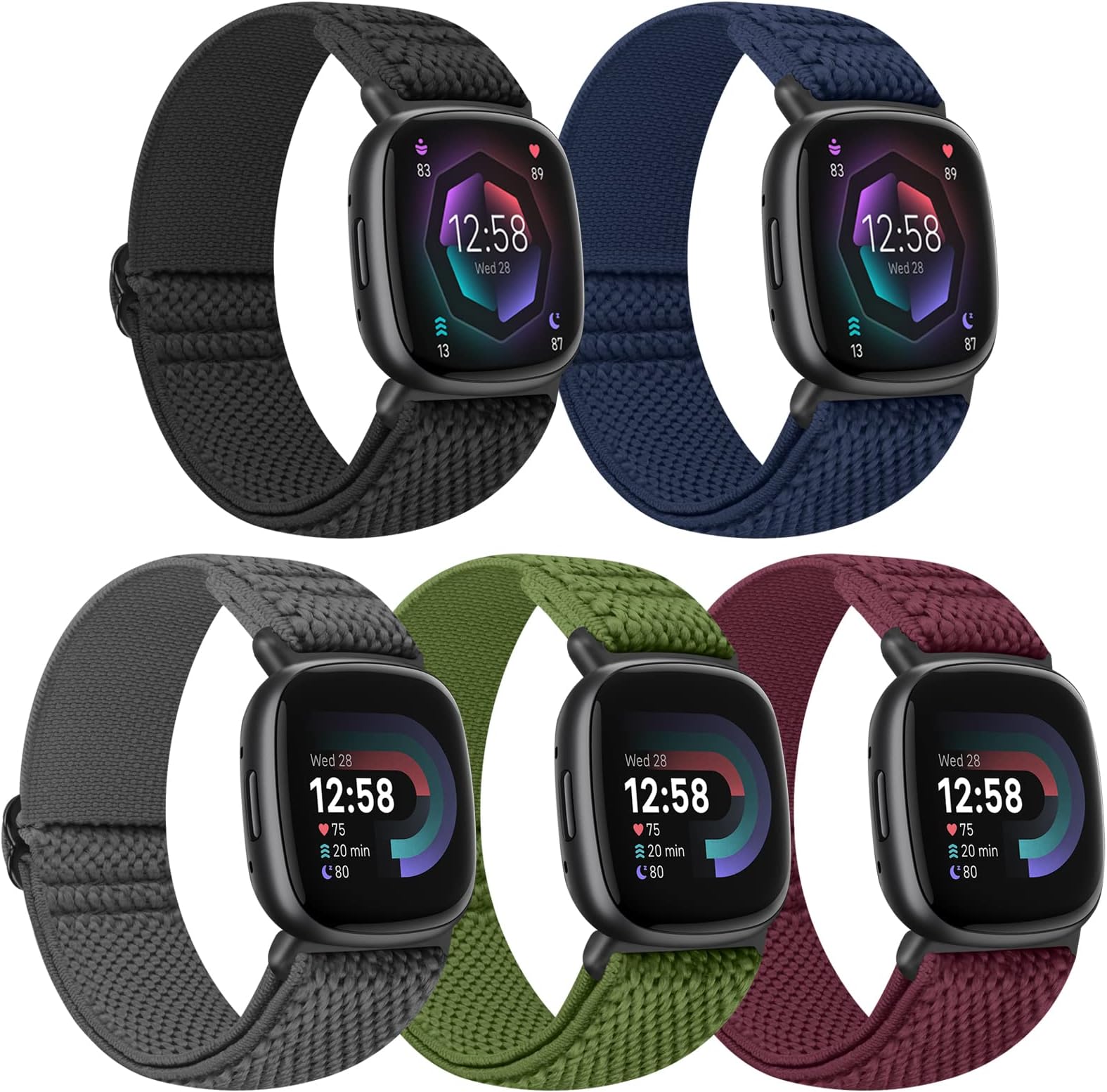 Tiptops 5 Pack Straps Compatible for Fitbit Versa 4/Fitbit Sense 2 Straps/Fitbit Versa 3/Fitbit Sense Bands Men Women, Adjustable Comfortable Loop Nylon Sports Replacement Stretchy Bands