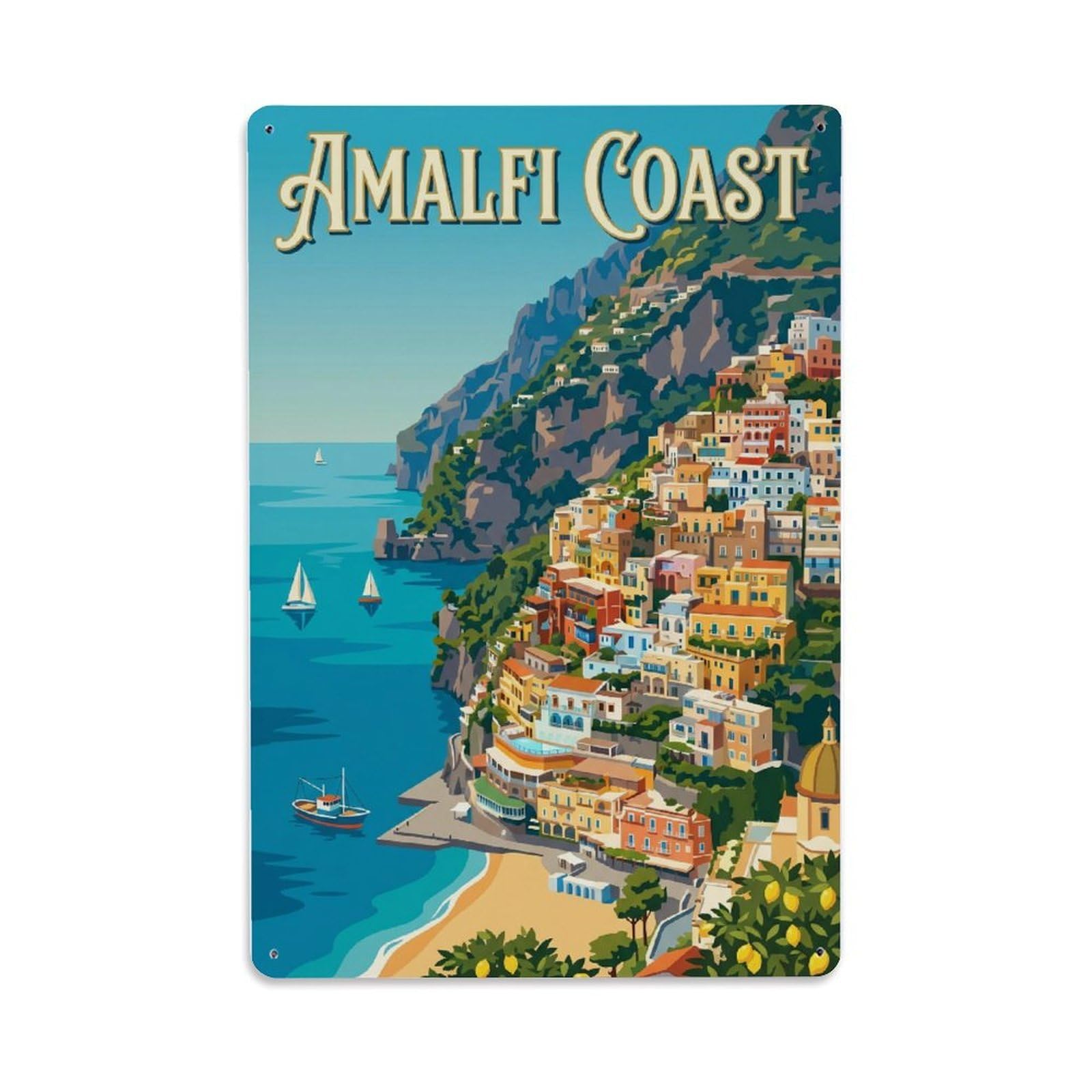 Fqnyr Style Vintage Travel Cliffside Italy Village Metal Tin Sign Plaque Wall Decor For Cafe, Club Bar, Office, Home Garden Metal Poster 8X12inch