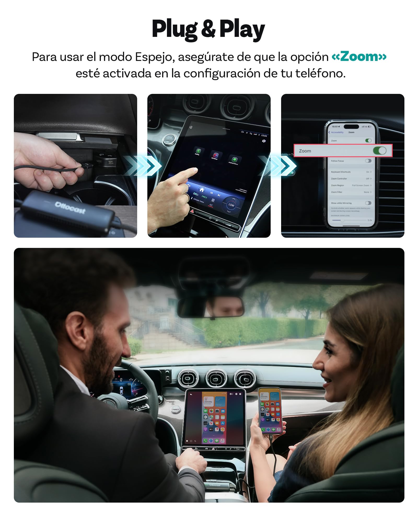 Ottocast Mirror Touch 2025 – Adaptador CarPlay inalámbrico con Espejo bidireccional y Control táctil – para Coches con CarPlay por Cable – Ver Netflix, TikTok, Youtube – Plug & Play