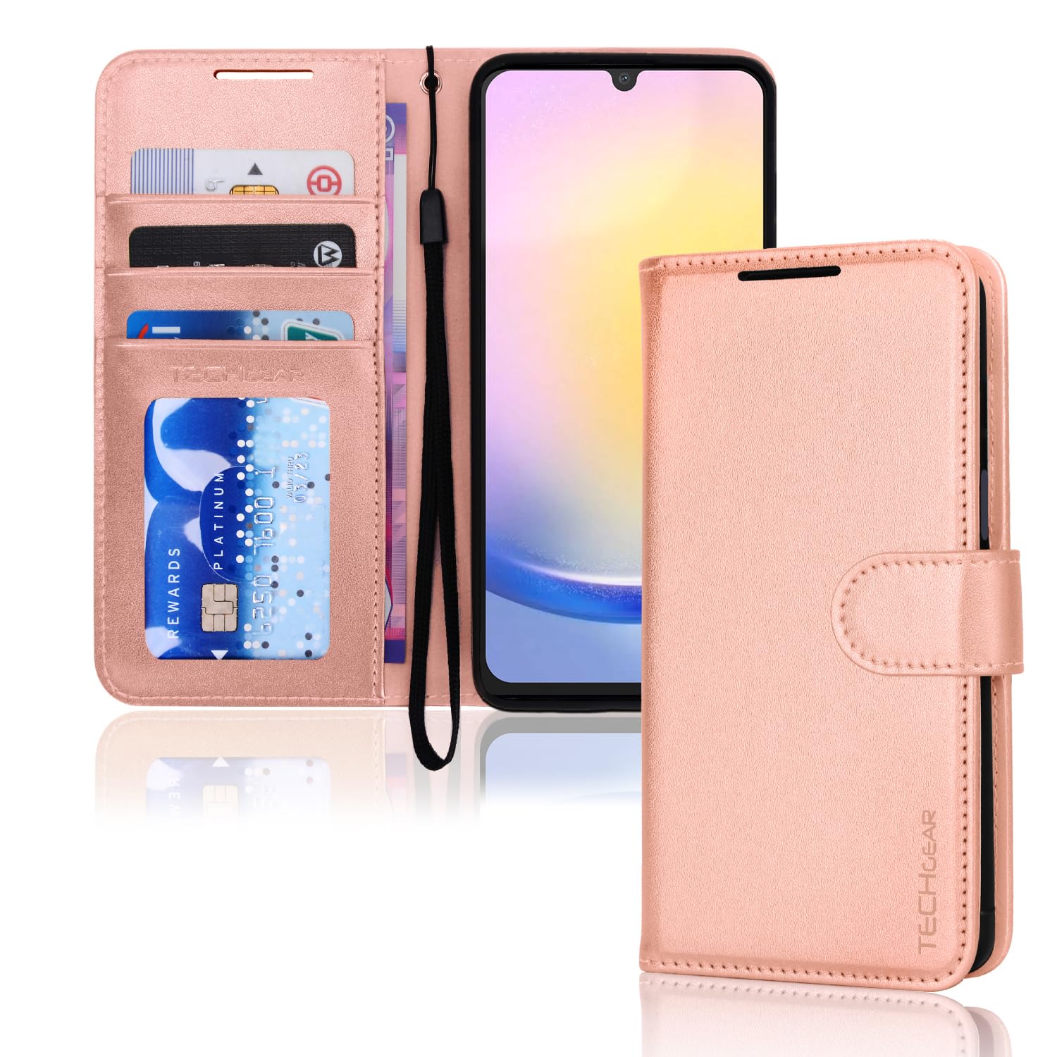 TECHGEAR Funda de Cuero tipo Cartera para Galaxy A25 5G, Funda Protectora con Tapa [BLOQUEO RFID] con Tarjetero, Soporte y Correa para la muñeca - Cuero PU Dorado Rosa con Cierre magnético para Samsun