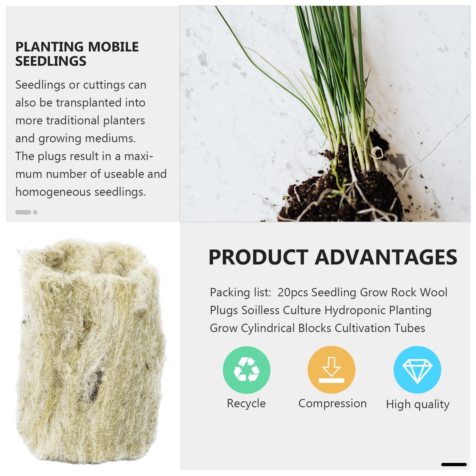 HOMURY 100 unidades de lana de roca cilíndrica: plántula hidroponía de cubo de cría, tapones de lana de roca, tapones para plantas de lana de roca para esquejes, hidropónicos, plantas de interior