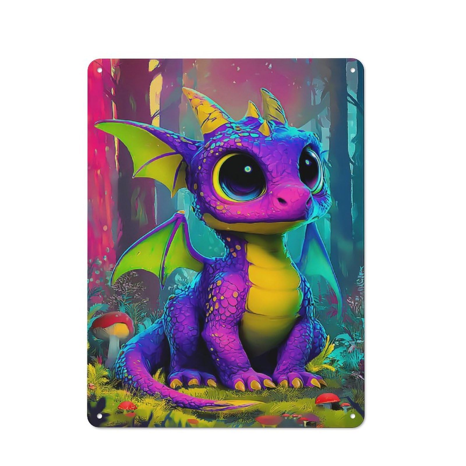 Junmoney Magical Rainbow Dragon In Fantasy Forest Retro Metal Sign With Design 40X30cm, Distressed Look Retro Room Decor For Living Room, Hallway, Kitchen Or Cafe