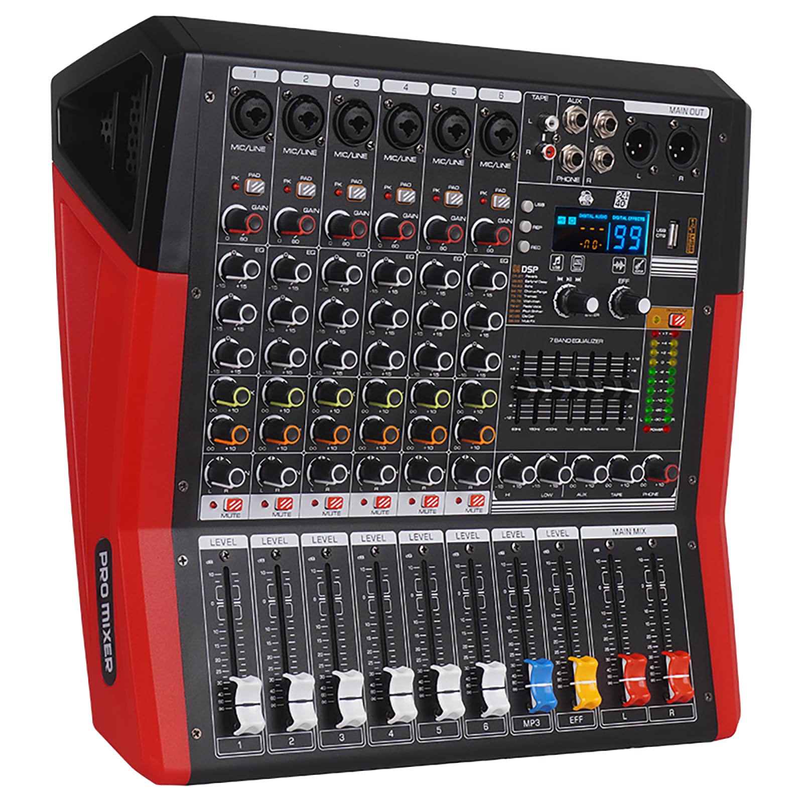 TF600 6-Channel Professional Mixer with Bluetooth Sound Bar with Power Amplifier 2 * 450W Power Output Powered Mixer, 7-Stage Equalizer, 99 DSP Effects, Recording Input USB Drive for Speakers