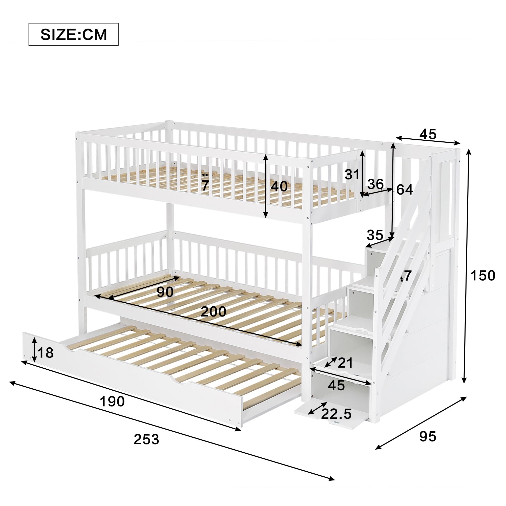 Rtopsu Letto per Bambini a Castello 90x200 cm con LettoEstraibile e Contenitore, Letto a Soppalco con Scala per 2-3 Ragazzi, Rete a Doghe in Legno, Bianco, Senza Materasso