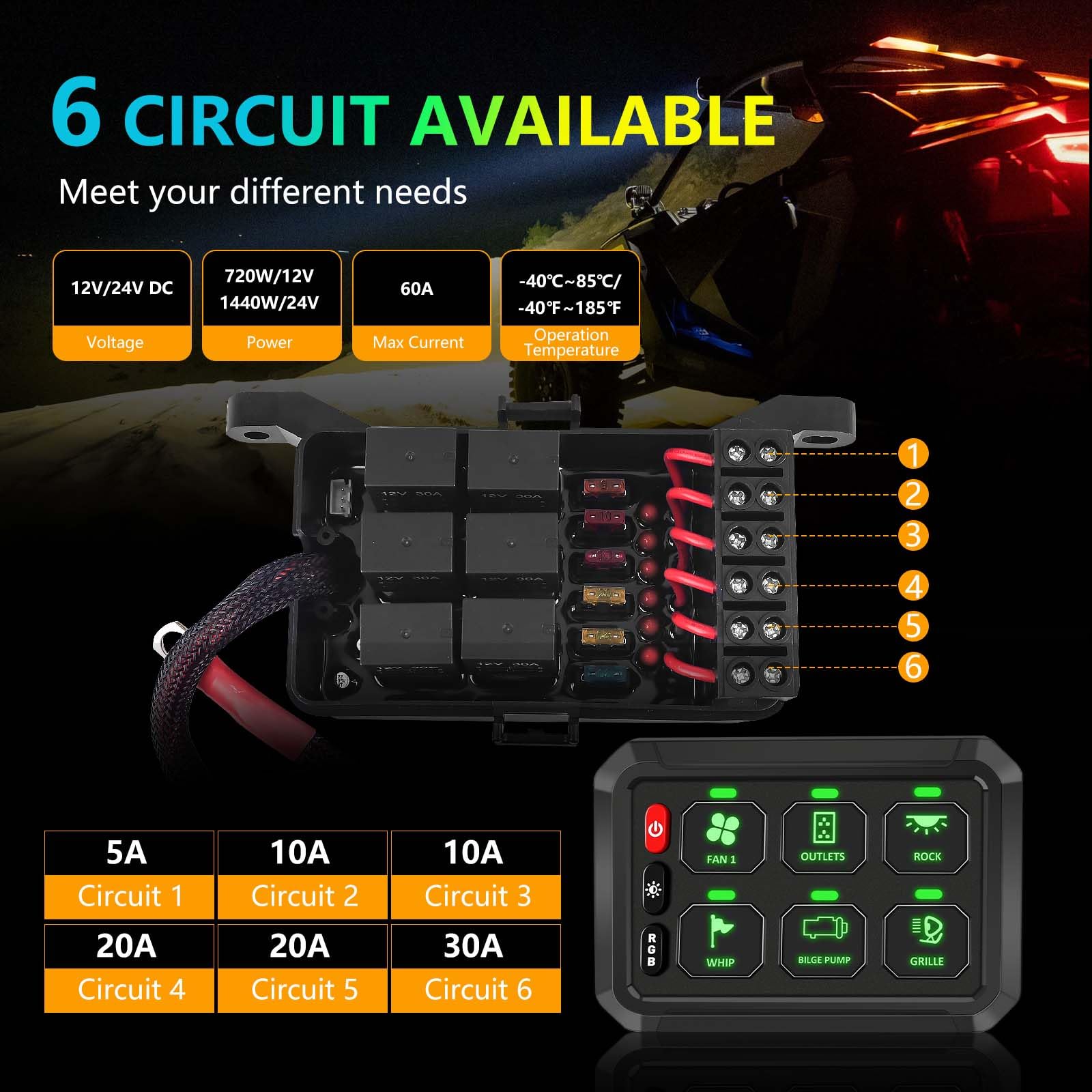 Chelhead 6 Gang Schalttafel, 12V Schalter Panel Kit impulsartig RGB 4 Beleuchtungsmodi schalterpanel,wasserdicht, dimmbar, universelles Schaltkreissteuerungsrelaissystem, kompatibel mit LKW, Offroad