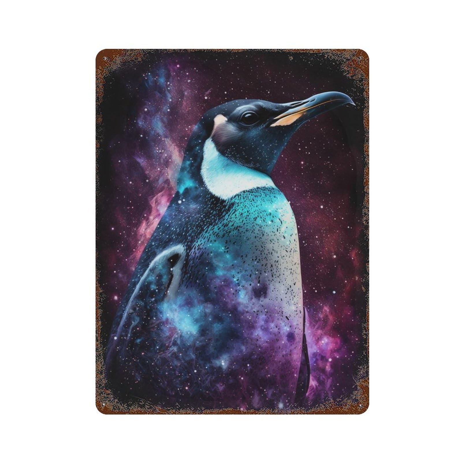 Garage Style Galactic Penguin Art Print-3 Distressed Metal Wall Sign 15.7"x11.8", Shabby Chic Decor for Bar And Workshop